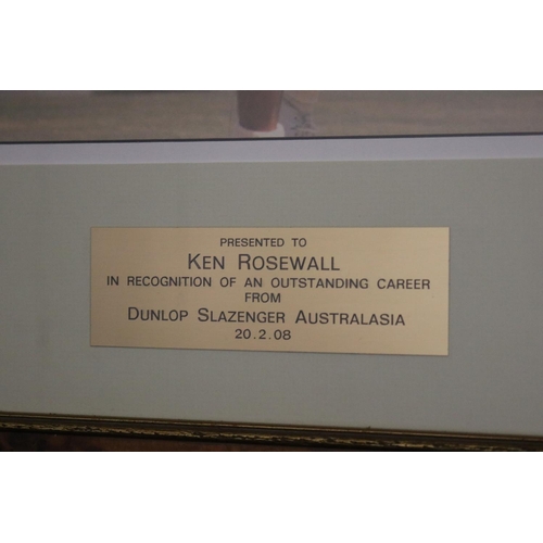 1343 - Framed colour photograph of Ken, plaque reads Presented to Ken Rosewall in recognition of an outstan... 