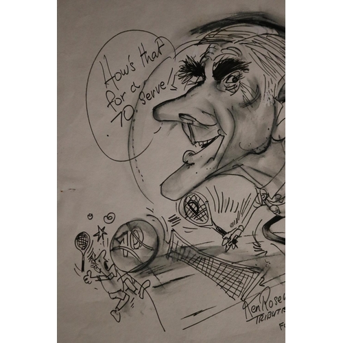 1243 - Caricature, unsigned Tony Rafty, How's that for a 70 serve Ken Rosewall Tribute Dinner 25.11.04, Fou... 