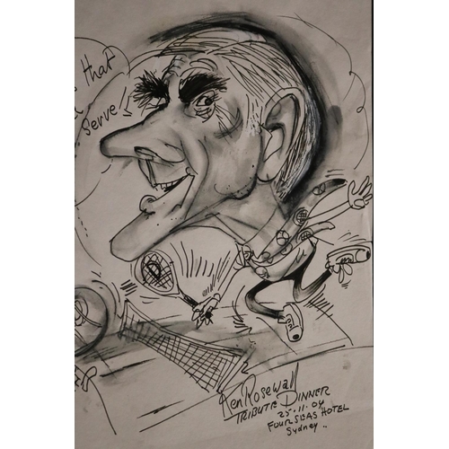 1243 - Caricature, unsigned Tony Rafty, How's that for a 70 serve Ken Rosewall Tribute Dinner 25.11.04, Fou... 