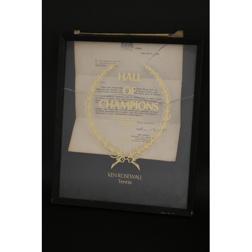 1328 - HALL OF CHAMPIONS glass plaque, marked for KEN ROSEWALL Tennis, to include original letter from Ken ... 