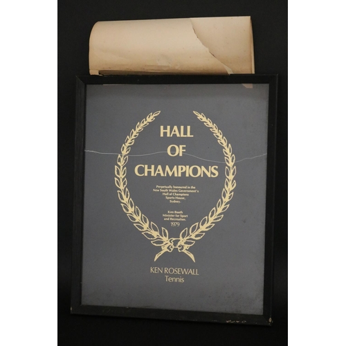 1328 - HALL OF CHAMPIONS glass plaque, marked for KEN ROSEWALL Tennis, to include original letter from Ken ... 