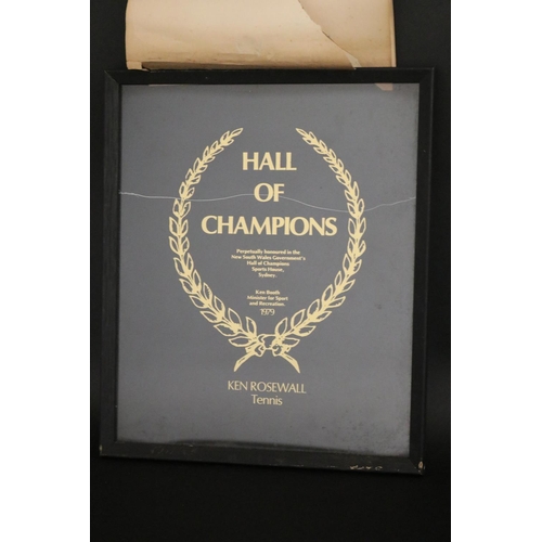 1328 - HALL OF CHAMPIONS glass plaque, marked for KEN ROSEWALL Tennis, to include original letter from Ken ... 