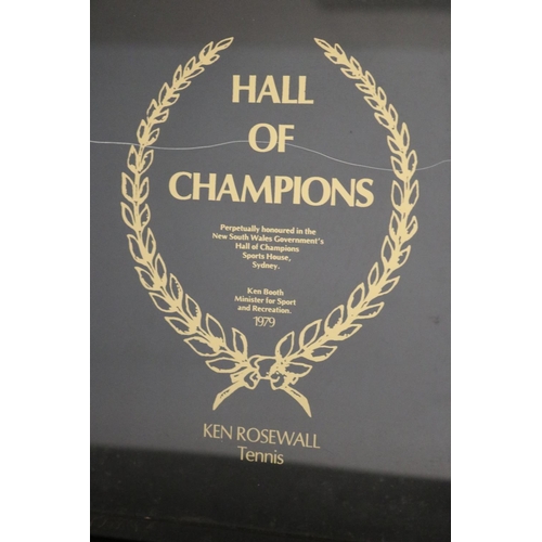 1328 - HALL OF CHAMPIONS glass plaque, marked for KEN ROSEWALL Tennis, to include original letter from Ken ... 