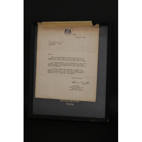 1328 - HALL OF CHAMPIONS glass plaque, marked for KEN ROSEWALL Tennis, to include original letter from Ken ... 