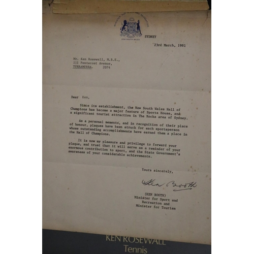 1328 - HALL OF CHAMPIONS glass plaque, marked for KEN ROSEWALL Tennis, to include original letter from Ken ... 
