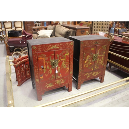 115 - Pair of oriental red lacquer cabinets with scenes, approx 90cm H x 62cm W x 40cm D