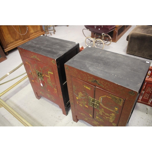 115 - Pair of oriental red lacquer cabinets with scenes, approx 90cm H x 62cm W x 40cm D