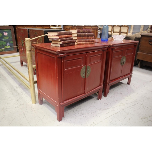 116 - Pair of red lacquer cabinets, approx 78cm H x 78cm W x 50cm D (2)