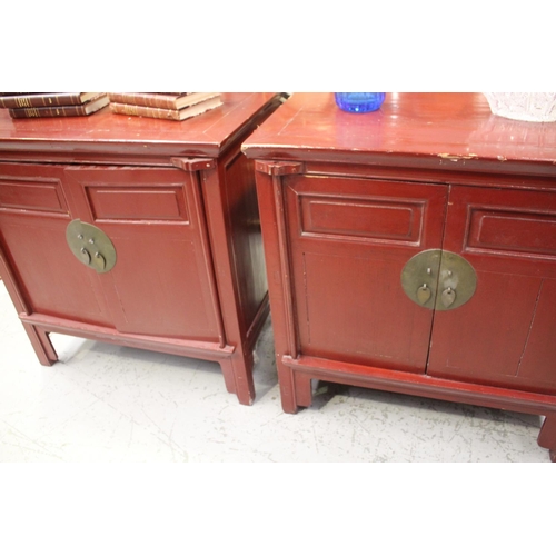 116 - Pair of red lacquer cabinets, approx 78cm H x 78cm W x 50cm D (2)