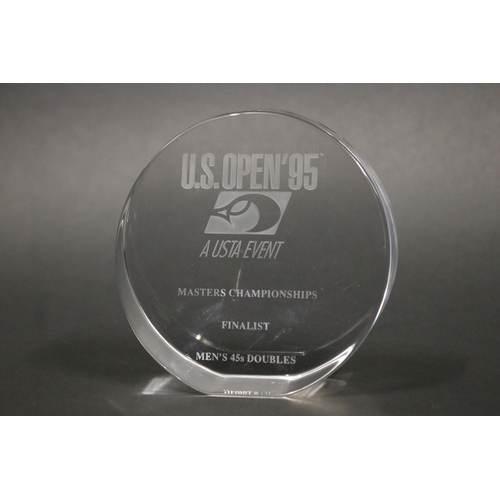 1298 - Tennis trophy. Inscribed US OPEN 95, A USTA EVENT, MASTERS CHAMPIONSHIPS FINALIST MEN'S 45s DOUBLES.... 