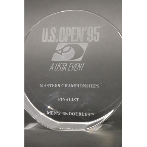 1298 - Tennis trophy. Inscribed US OPEN 95, A USTA EVENT, MASTERS CHAMPIONSHIPS FINALIST MEN'S 45s DOUBLES.... 