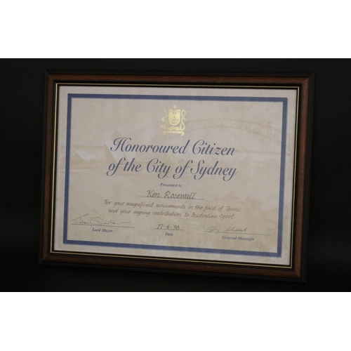 1334 - Honoroured Citizen of the City of Sydney presented to Ken Rosewall. 17.4.98. Approx 28cm x 40cm. Pro... 