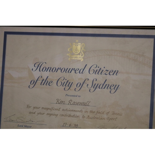 1334 - Honoroured Citizen of the City of Sydney presented to Ken Rosewall. 17.4.98. Approx 28cm x 40cm. Pro... 