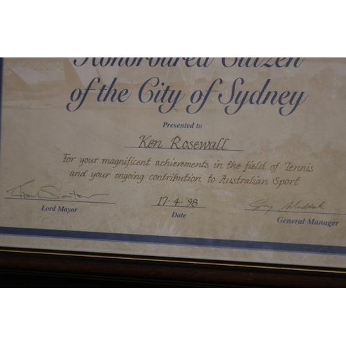 1334 - Honoroured Citizen of the City of Sydney presented to Ken Rosewall. 17.4.98. Approx 28cm x 40cm. Pro... 