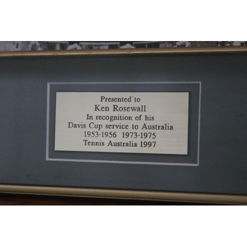 1096 - Framed photo print, plaque reads, Presented to Ken Rosewall In recognition of his Davis Cup service ... 