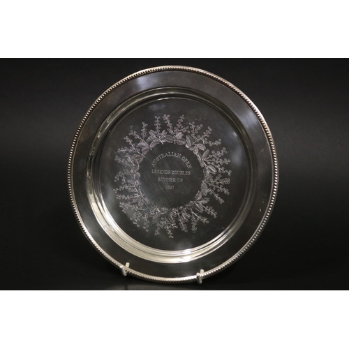 1296 - Tennis trophy. Inscribed, AUSTRALIAN OPEN LEGENDS DOUBLES RUNNER UP 1997. Approx 22cm Dia. Provenanc... 