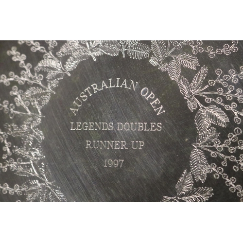 1296 - Tennis trophy. Inscribed, AUSTRALIAN OPEN LEGENDS DOUBLES RUNNER UP 1997. Approx 22cm Dia. Provenanc... 