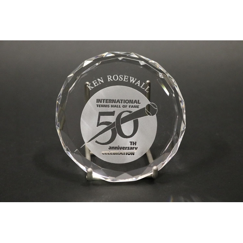 1314 - Crystal paperweight, marked KEN ROSEWALL INTERNATIONAL TENNIS HALL OF FAME 50th anniversary CELEBRAT... 