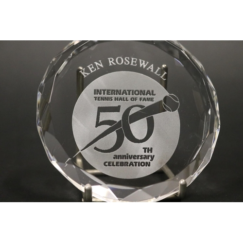 1314 - Crystal paperweight, marked KEN ROSEWALL INTERNATIONAL TENNIS HALL OF FAME 50th anniversary CELEBRAT... 
