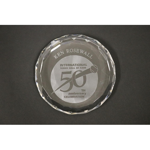 1314 - Crystal paperweight, marked KEN ROSEWALL INTERNATIONAL TENNIS HALL OF FAME 50th anniversary CELEBRAT... 