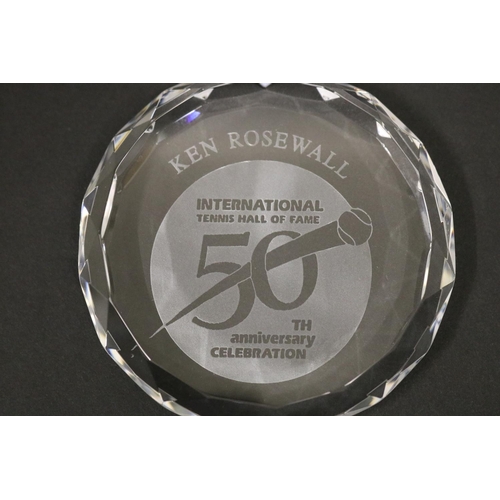 1314 - Crystal paperweight, marked KEN ROSEWALL INTERNATIONAL TENNIS HALL OF FAME 50th anniversary CELEBRAT... 