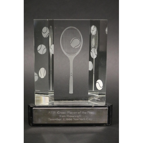 1323 - Tennis award. Inscribed ATP Great Player of the Past Ken Rosewall December 2, 1986 New York City. Ap... 