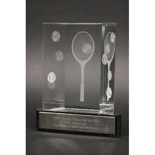 1323 - Tennis award. Inscribed ATP Great Player of the Past Ken Rosewall December 2, 1986 New York City. Ap... 