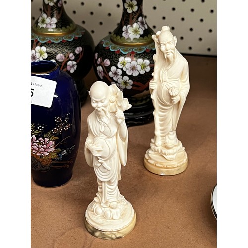 49 - Assortment, to include a pair of Cloisonné vases and stands, set of four faux ivory figures, small b... 