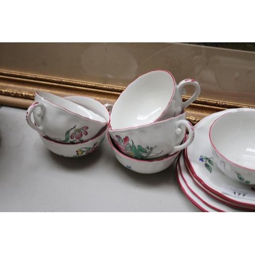 177 - French faience set of six cups and saucers, along with a Spode coffee pot, approx 19cm H and shorter