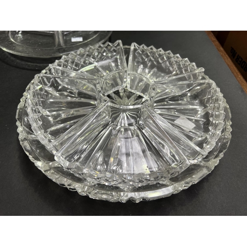 196 - Crystal and glass trays, approx 37cm Dia and smaller