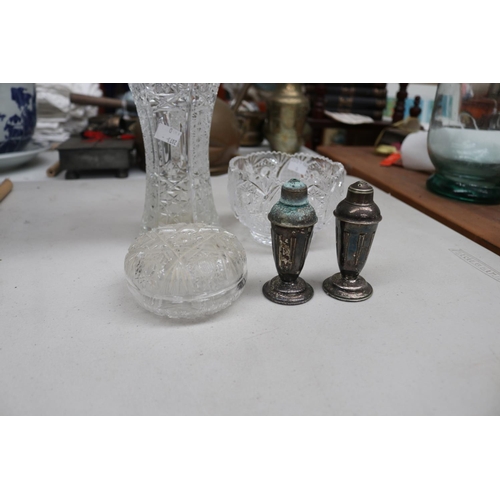 209 - Crystal vase, bowl and lidded jar along with silver plate pepper and salt, approx 23cm H and shorter