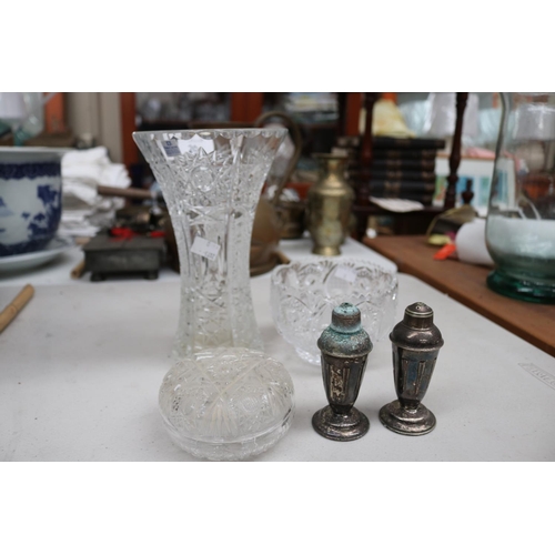 209 - Crystal vase, bowl and lidded jar along with silver plate pepper and salt, approx 23cm H and shorter