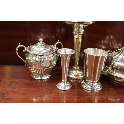 349 - Assortment of silver plate sugar, muffinier, two trumpet vases and a mug, approx 22cm H and shorter