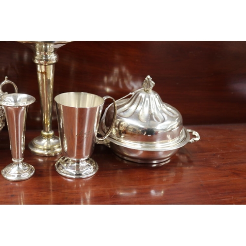 349 - Assortment of silver plate sugar, muffinier, two trumpet vases and a mug, approx 22cm H and shorter