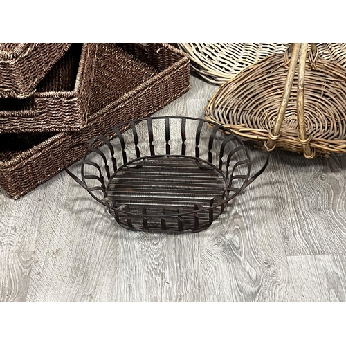 386 - Selection of baskets, and three large woven trays, approx 45cm H x 87cm W x 50cm D and smaller (6)