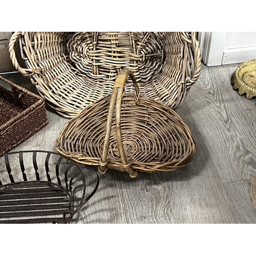 386 - Selection of baskets, and three large woven trays, approx 45cm H x 87cm W x 50cm D and smaller (6)