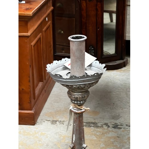 398 - Silver finished Pricket form candle holder, approx 99cm H
