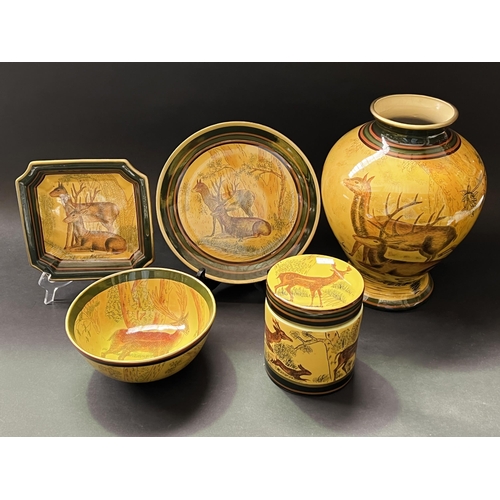 422 - Five piece decorative vase, pot, bowl and plates, approx 33cm and shorter, decorated with deer in la... 