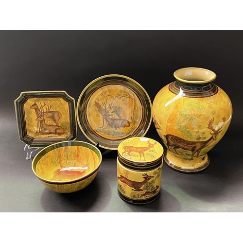 422 - Five piece decorative vase, pot, bowl and plates, approx 33cm and shorter, decorated with deer in la... 