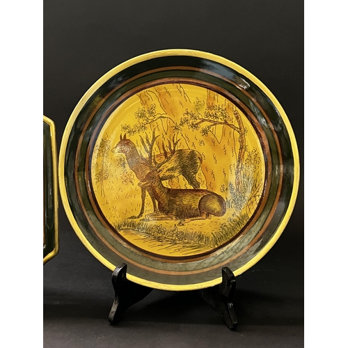 422 - Five piece decorative vase, pot, bowl and plates, approx 33cm and shorter, decorated with deer in la... 