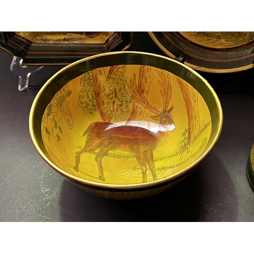 422 - Five piece decorative vase, pot, bowl and plates, approx 33cm and shorter, decorated with deer in la... 