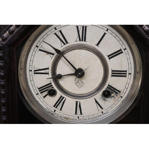 425 - Antique Ansonia mantle clock, has key and pendulum, untested, approx 58cm H x 36cm W x 12cm D