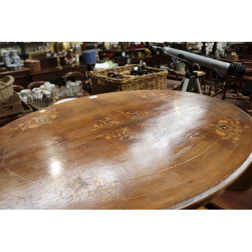 458 - Antique Victorian oval inlaid occasional table, approx 69cm H x 103cm W x 74cm D