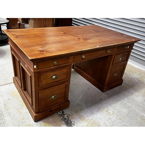 460 - Pine twin pedestal desk, approx 79cm W x 160cm W x 92cm D