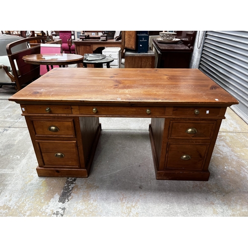 460 - Pine twin pedestal desk, approx 79cm W x 160cm W x 92cm D