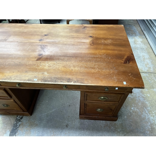 460 - Pine twin pedestal desk, approx 79cm W x 160cm W x 92cm D
