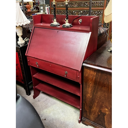 476 - Vintage / antique Red painted oak bureau, approx 122cm H x 83cm W