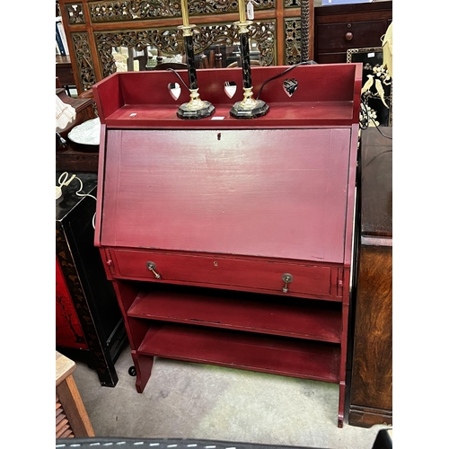 476 - Vintage / antique Red painted oak bureau, approx 122cm H x 83cm W