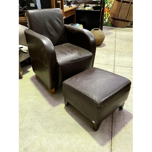 480 - Brown Art Deco style lounge tub arm chair and foot stool