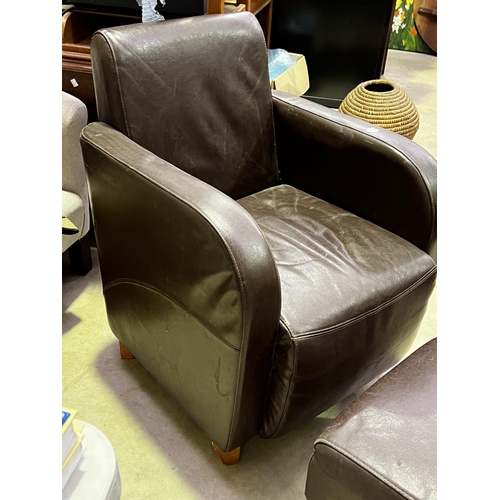 480 - Brown Art Deco style lounge tub arm chair and foot stool